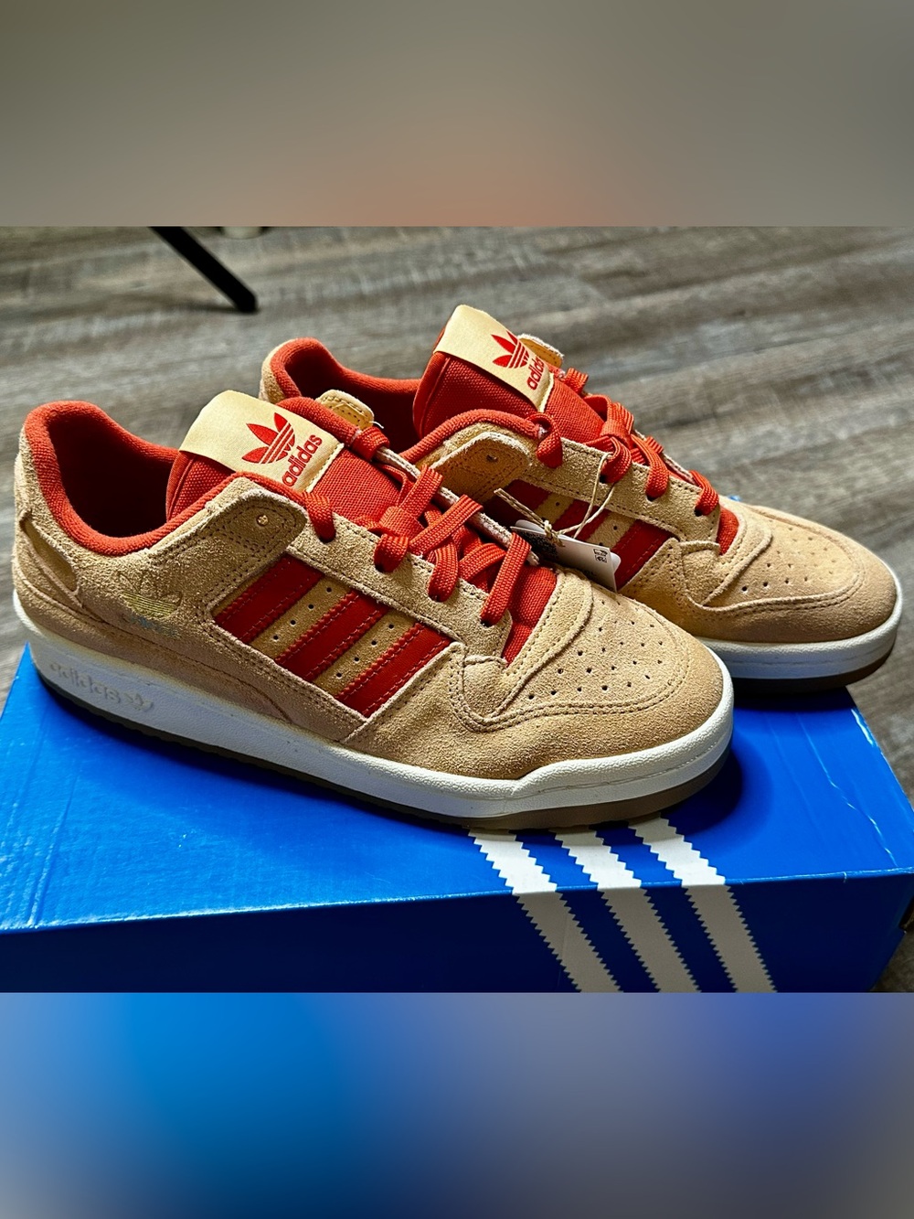 adidas Forum Low Tan Suede Sneakers with Red/Rust Stripes